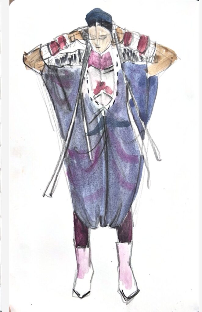 Caftan one piece pant-suit with decorative yoke, boots and bracelets. Gouache and pencil illustration by Laura Volpintesta