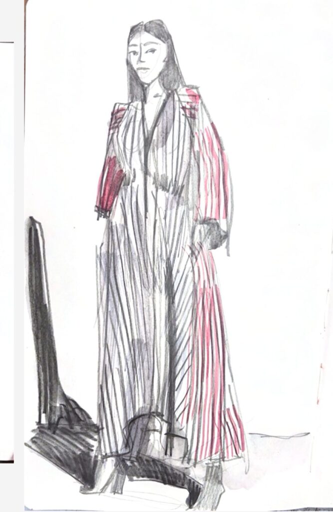 kimono and caftan based fashion design cutting, striped sketch ingouache and pencil