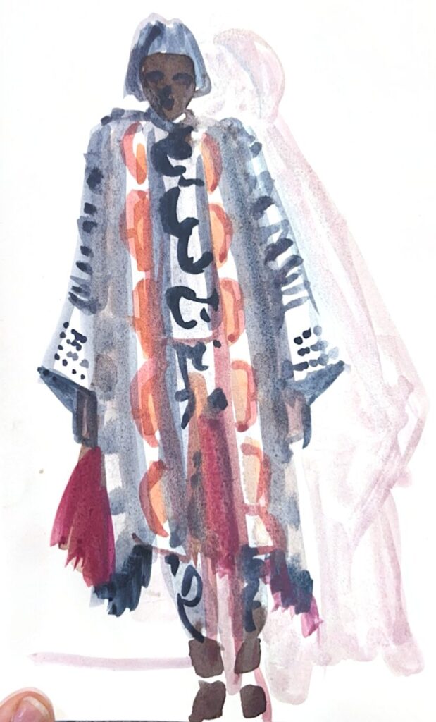 Layered caftans and kimono styles in maxi prints create a comfotable, beautiful fashion design . gouache fashion illustration