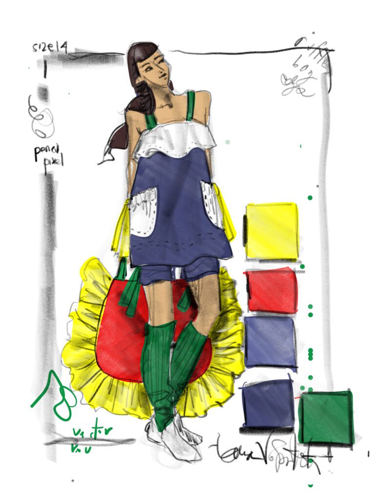 Pencil and Gouache effect fashion illustration of original design concept plus color swatches, frame, and accessories by Laura Volpintesta using ipad pro, composition, layout, palette, bag, accessories, flares, ribbing, ruffles, pockets, topstitching, ties
