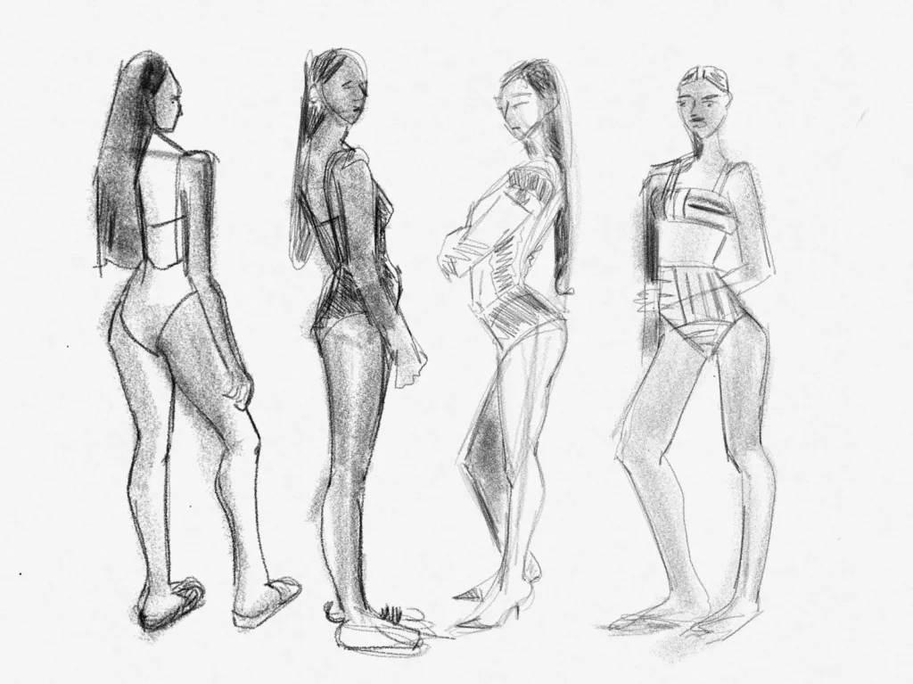 fashion Model drawing studio art classes for fashion illustrators and design majors live on zoom: 4 fashion figures croquis studies layout using art apps by Laura Volpintesta