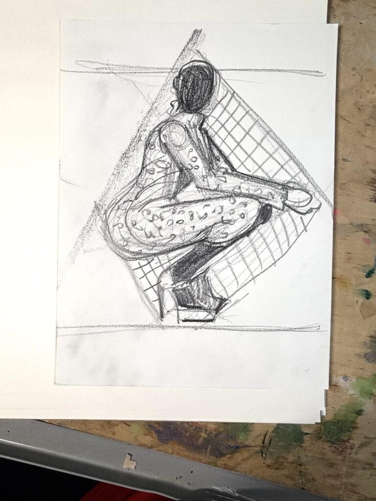 boxing in: drawing exercise in graphite block on paper by laura Vopintesta : crouching pose knit dress with pattern,