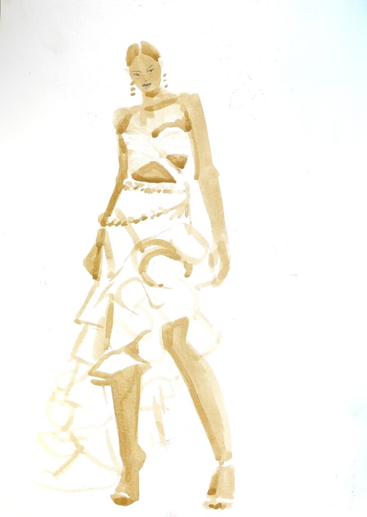 Fashion design with Asymmetry, sketching with Tombow brush pen in live zoom sketch group