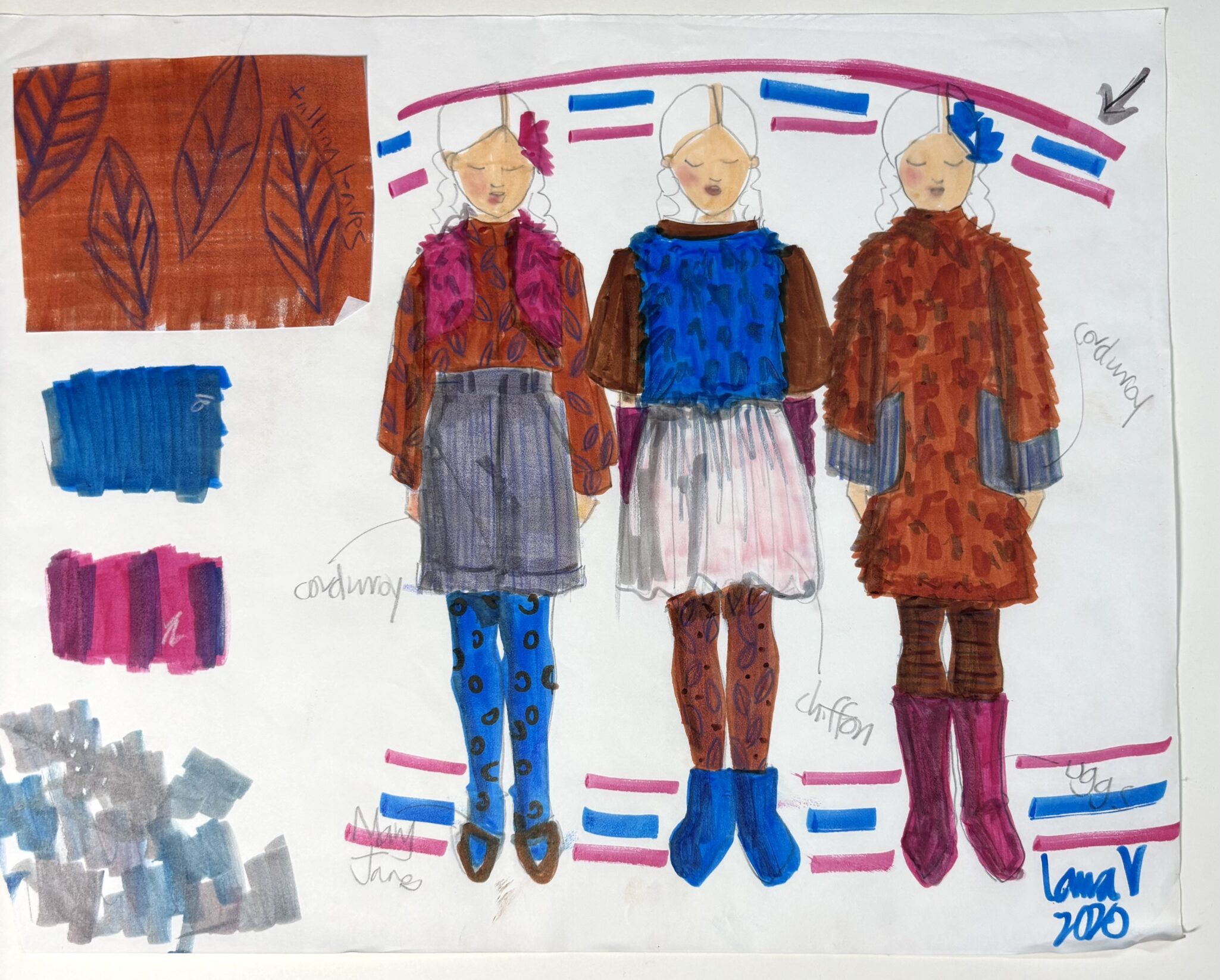 Marker Fashion Illustration, with colored pencil, on marker paper. autumn fashion collection , laura Volpintesta original designs