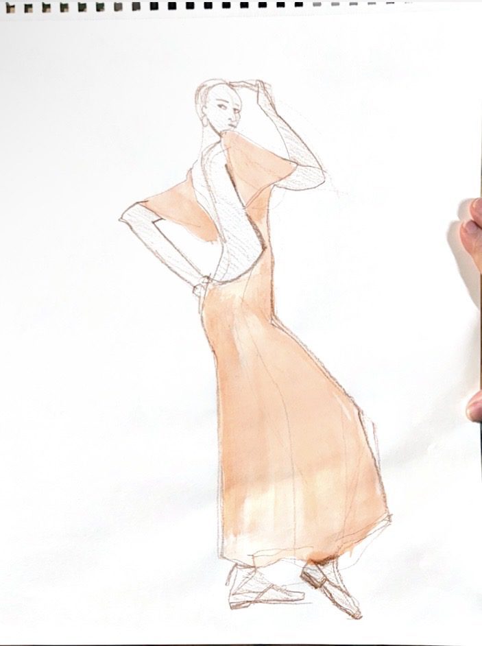 Model in Backless red dress with wide bell mid-length sleeves, illustrated by Laura volpintesta in Gaouche wash with pencil