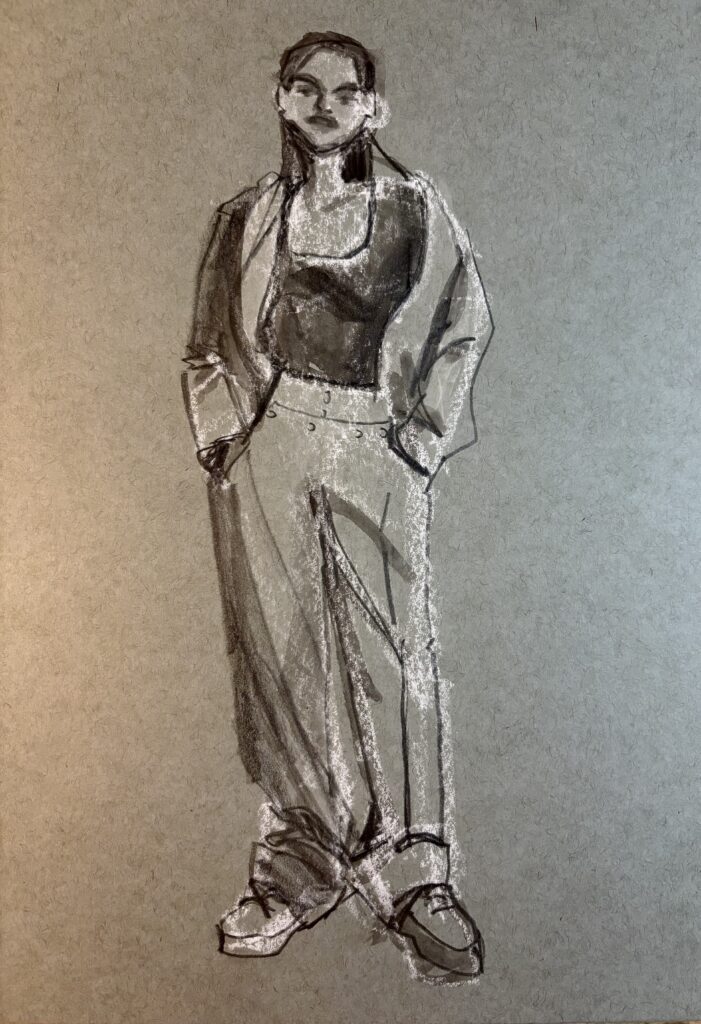 toned paper/ fashion pad-fashion illustration exercise by Laura volpintesta. toned paper, white highlights, fashion design details iwth pencil line, light and shadow, m