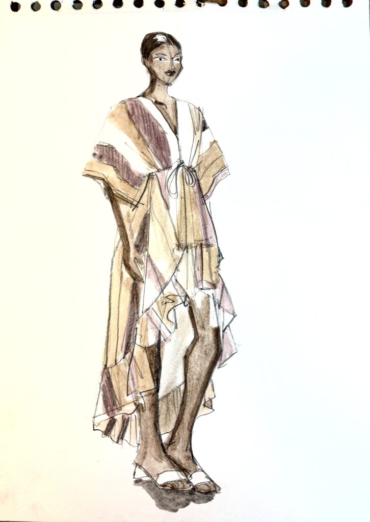 fashion model drawing fashion illustration caftan striped with ruffled hem and gathers below bus. Gouache wash and graphite pencil illustration by laura volpintesta quick sketch