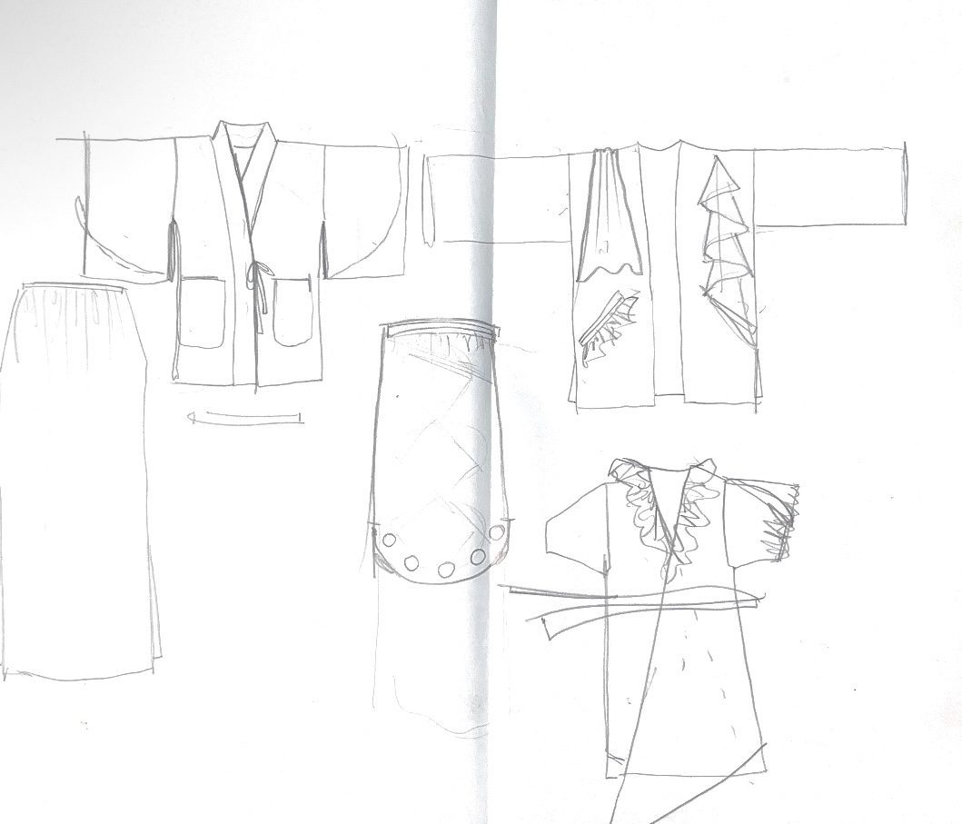 fashion design collection of kimono based jackets, flat sketches in pencil by laura volpintesta