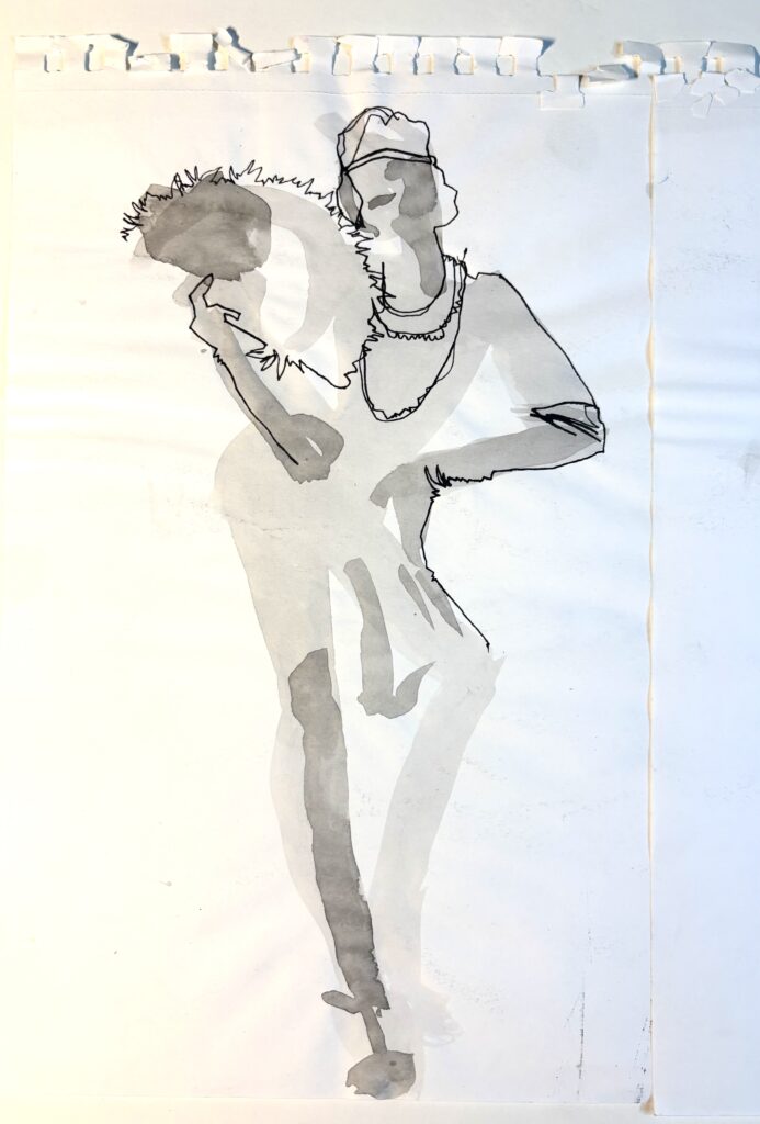 gesture fashion model drawing exercise using soft wash, shadows, and contour studies times poses by Laura Vopintesta fur
