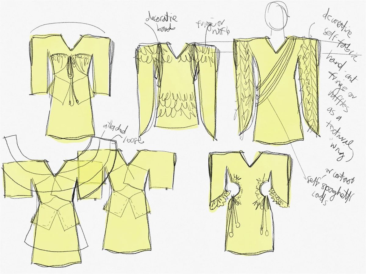 Usually I keep my flat sketches black and white, but these are digitally sketched free hand on my ipad and I used color to help clarify the shapes and silhouettes. A kimono- based series of pieces.