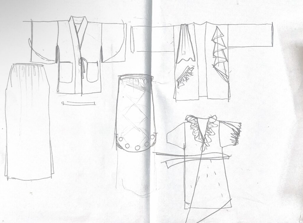 flat sketching fashion designs with kimono theme variations by Laura Volpintesta