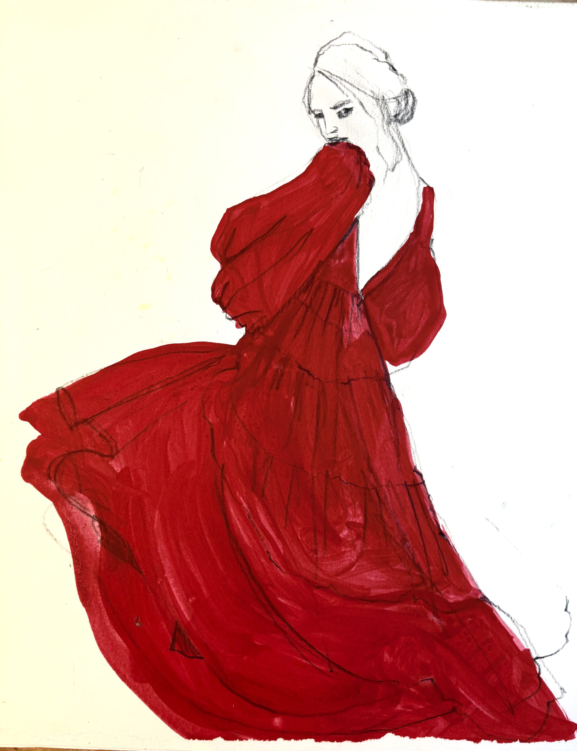 gouache and pencil on Bristol eveningwear gown study tiered dress illustration by Laura volpintesta