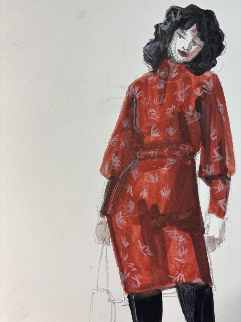 gouache fashion illustration with shading on bristol , knit dress design. detail, closeup, wash, hair shape,
