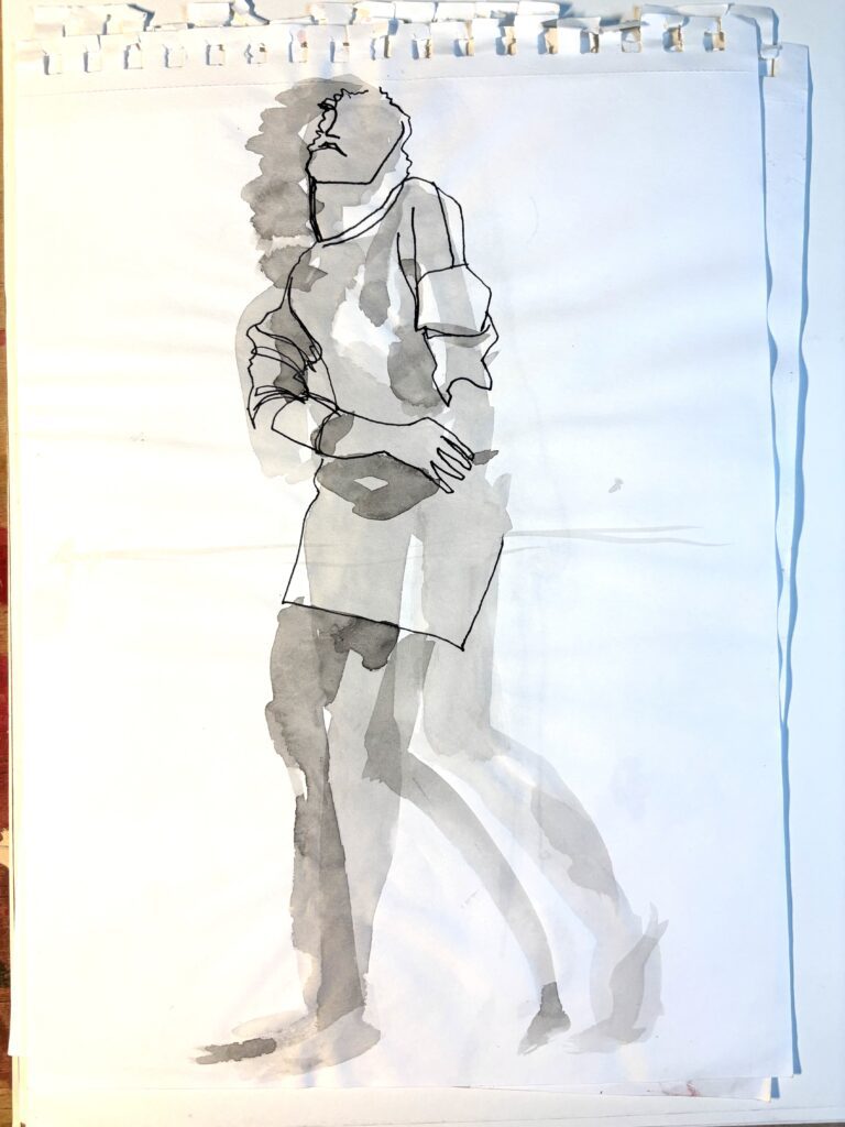 gouache wash study of light and dark, pose and proportion for fasion mapping and then felt tip fineline contour line studies fashion drawing by Laura volpintesta
