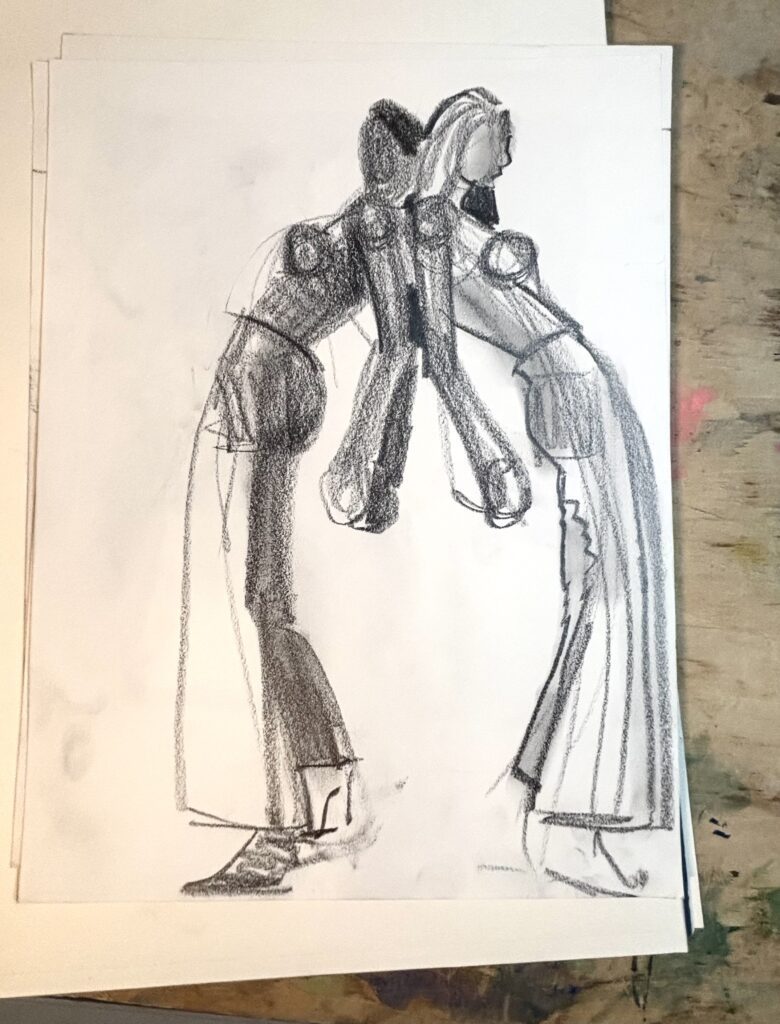 laura volpintesta soft graphite fashion model drawing poses pairs sketching relationship profile : movement, proportion, blocks, shapes, vlaues, flow, symmetry