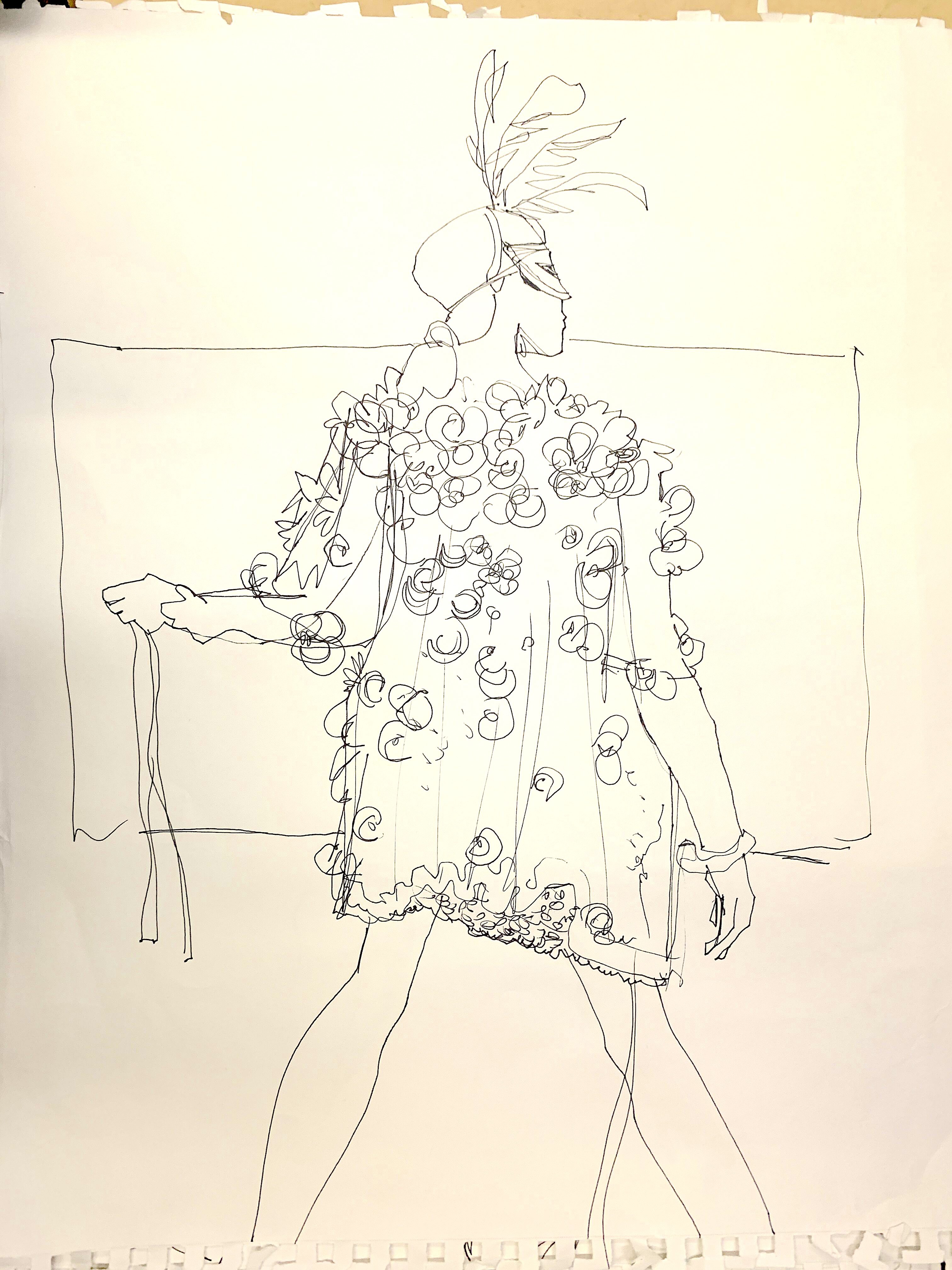 live model drawing fashion illustration of a kimono with paillete in the forms of flowers, contour drawing study with fine lin pen, Laura Volpintesta