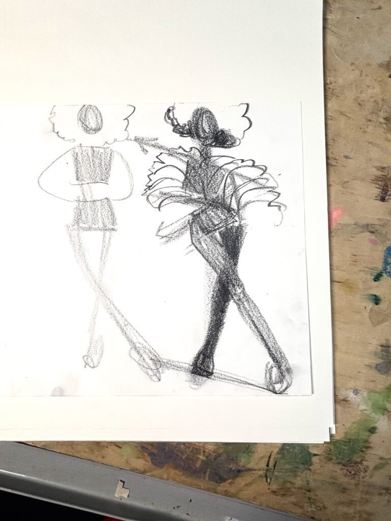 lively, dynamic fashion sketch studies using line , shape, and tone:value in pencil on paper by Laura volpintesta fashion drawing exercise