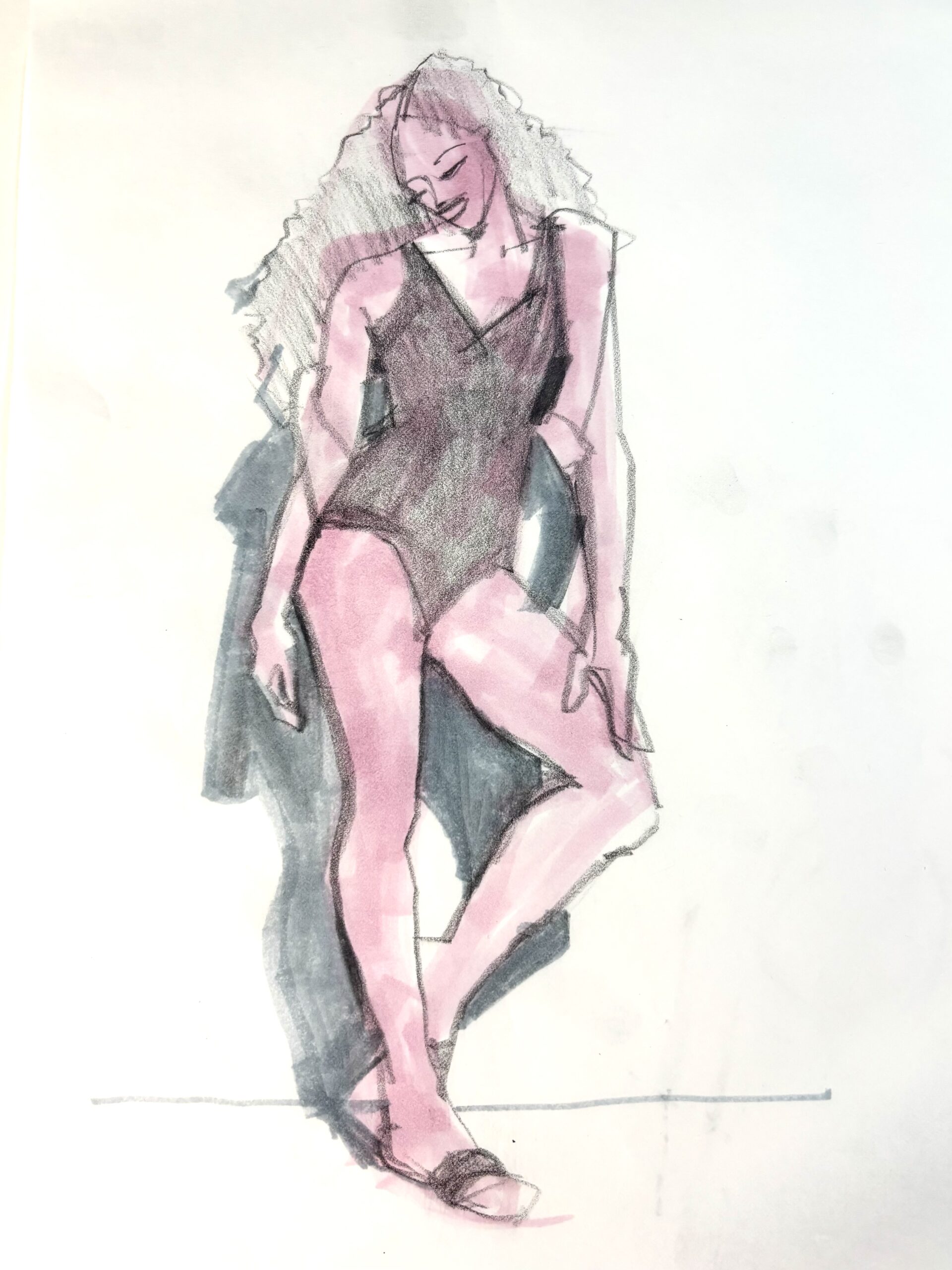 Pencil model drawing over copic marker undersketch during live zoom fashion illustration session