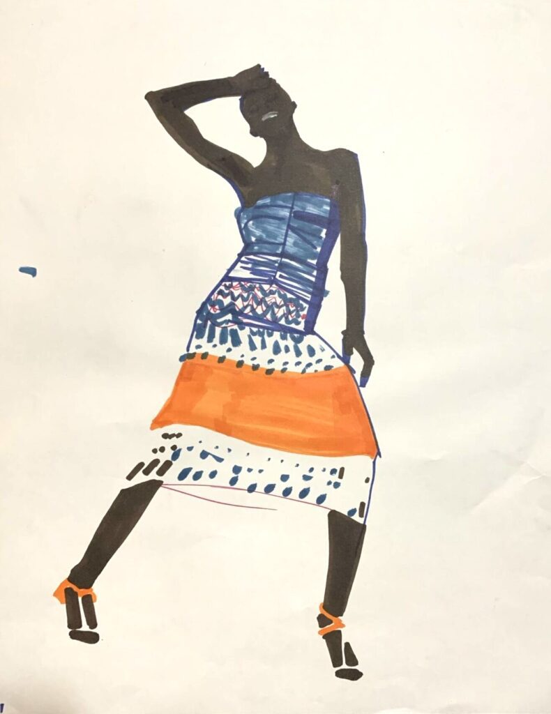 marker sketch. dry brush, dry marker, color block, horizontal stripes, skintone, pattern and print, complementary colors
