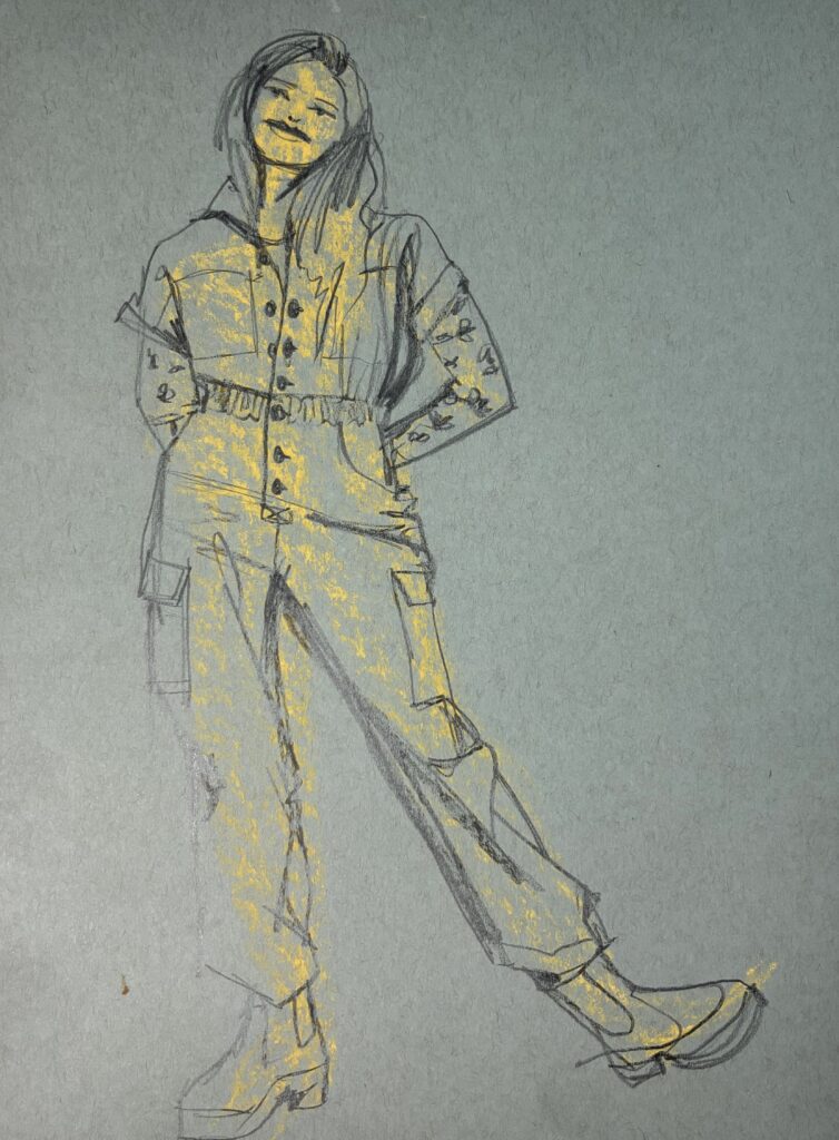 oned paper model drawing exercise : capturing plackets, pockets, buttons, gathers in a pantsuit using pencil over oil pastel undersketch. by laura volpintesta