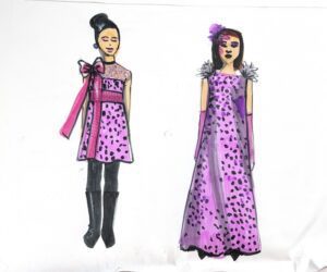 Marker original fashion illustrations and design sketches for girls/ childrenswear evening dresses in purple printed satin by Laura volpintesta pairs sketching