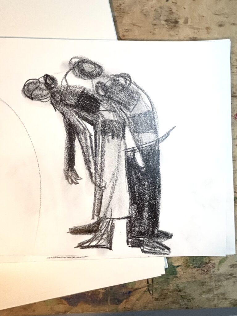 MDM pairs fashion model drawing with fashion graphite blocks profile bending figures , tones, values, movement, balance, anatomy by laura volpintesta