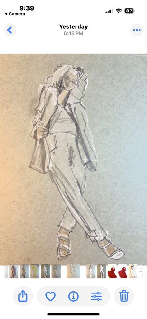 pencil on toned paper layered look pants and jacket, with gouache skintone and white highlights with china marker, sketch by laura Vopintesta
