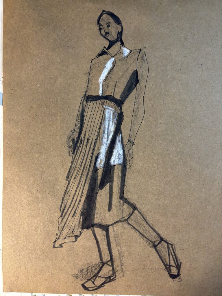 toned paper/ fashion pad-Asymmetrical pleats placement in a skirt design, fashion illustration on toned paper