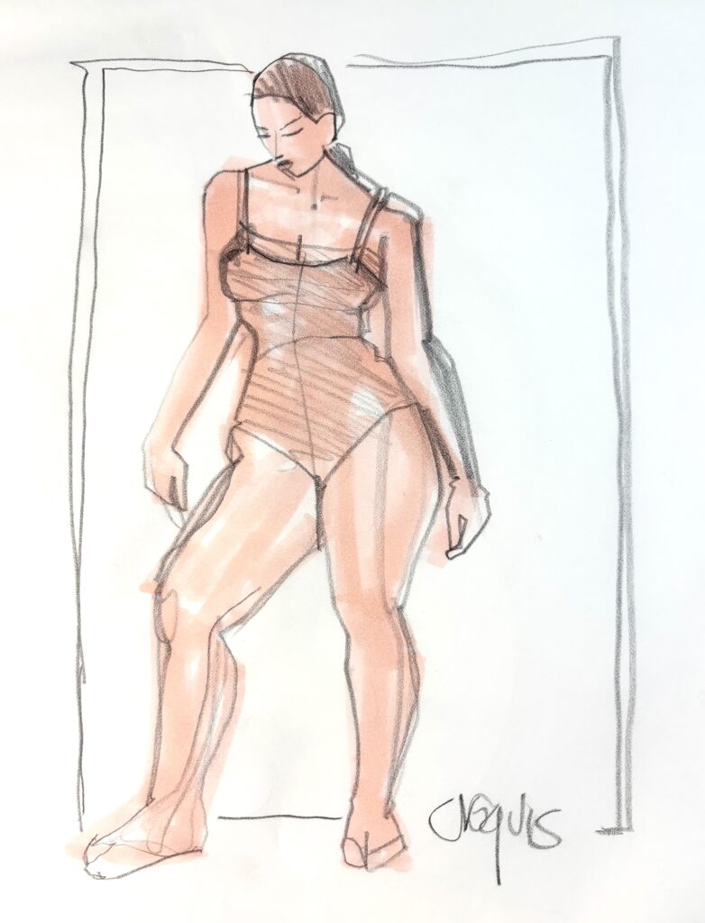 plus size leotard model fashion figure study, marker and pencil, with frame, from class session with Laura volpintesta