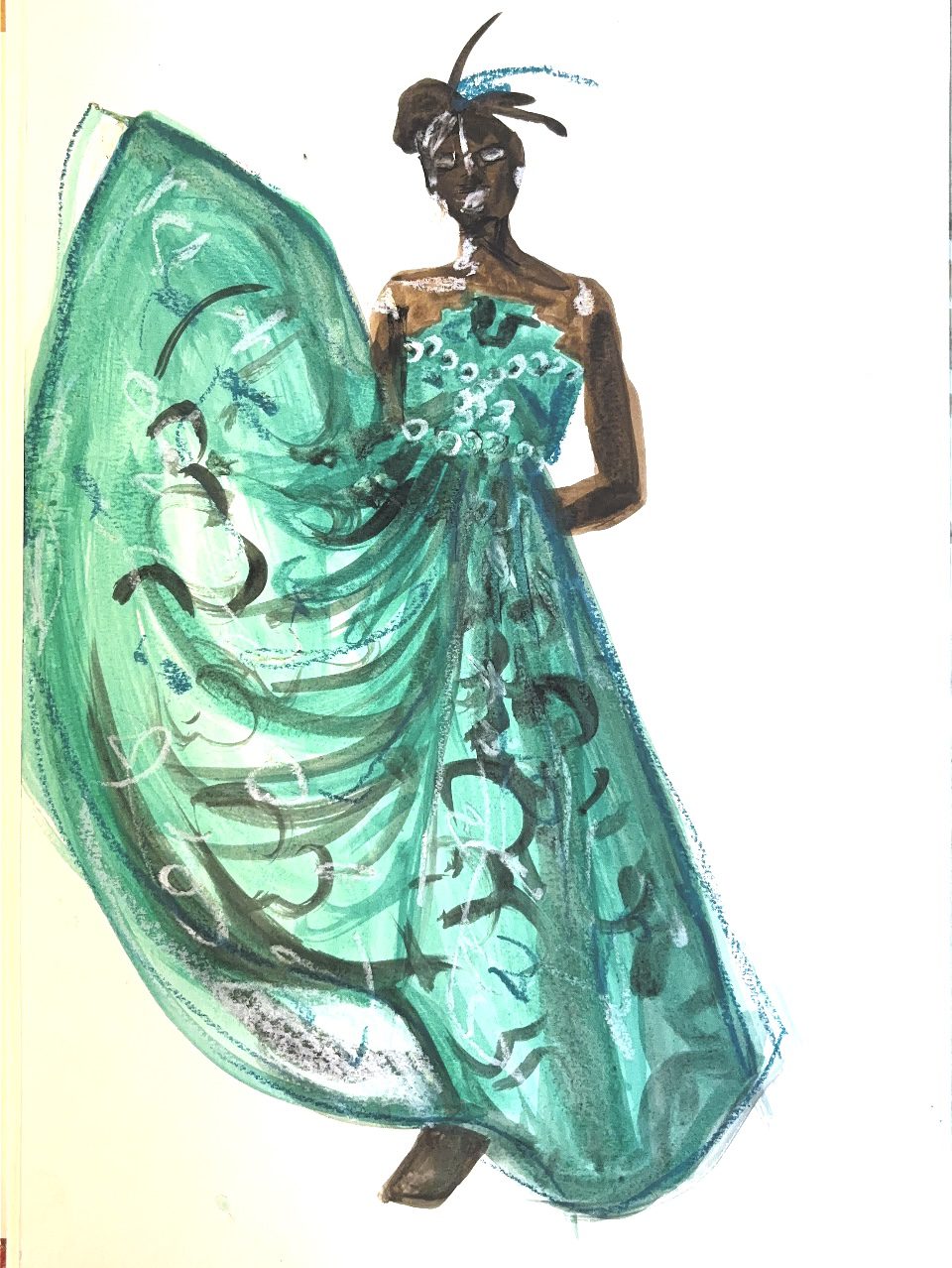 special effects fashion sketches of eveningwear designs with feathers, beadwork, shine, shadow and print, pattern, embroidery.