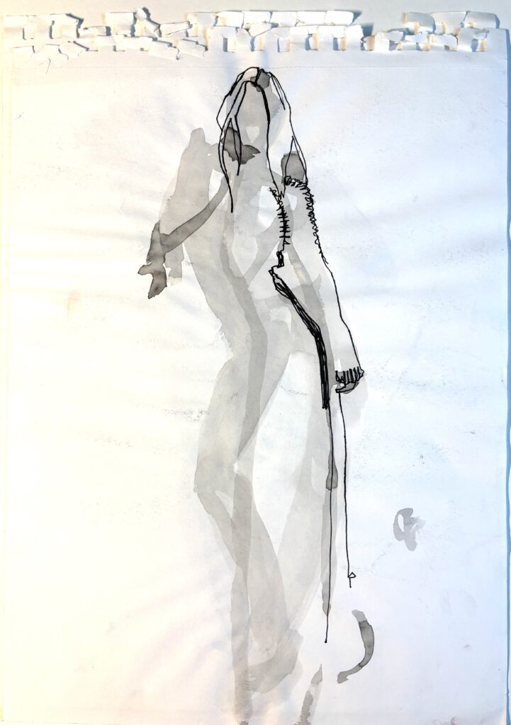 soft wash fashion pose study in gouache with light and shadow, movemenbt, flow, gesture, and felt pen contour line studies by Laura Volpintesta