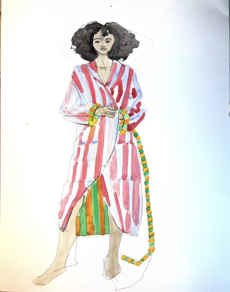kimono, robe, contrast, stripes, pockets, construction, gouache, loungewear, robe, belt, wash, curls, skintone, lining, gouache and pencil on paper