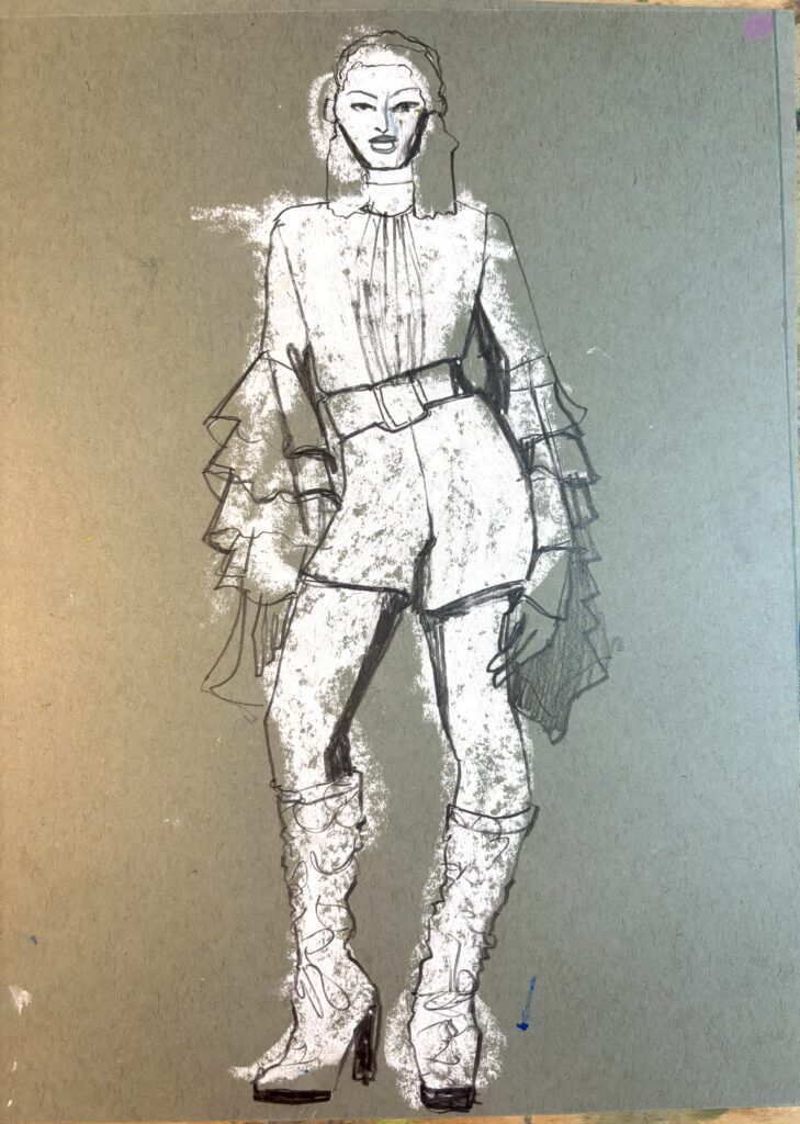 tinted/ toned paper white olil pastel fashion study on toned paper, contour drawing with soft graophite. design by Layana Aguilar, study sketch laura volpintesta
