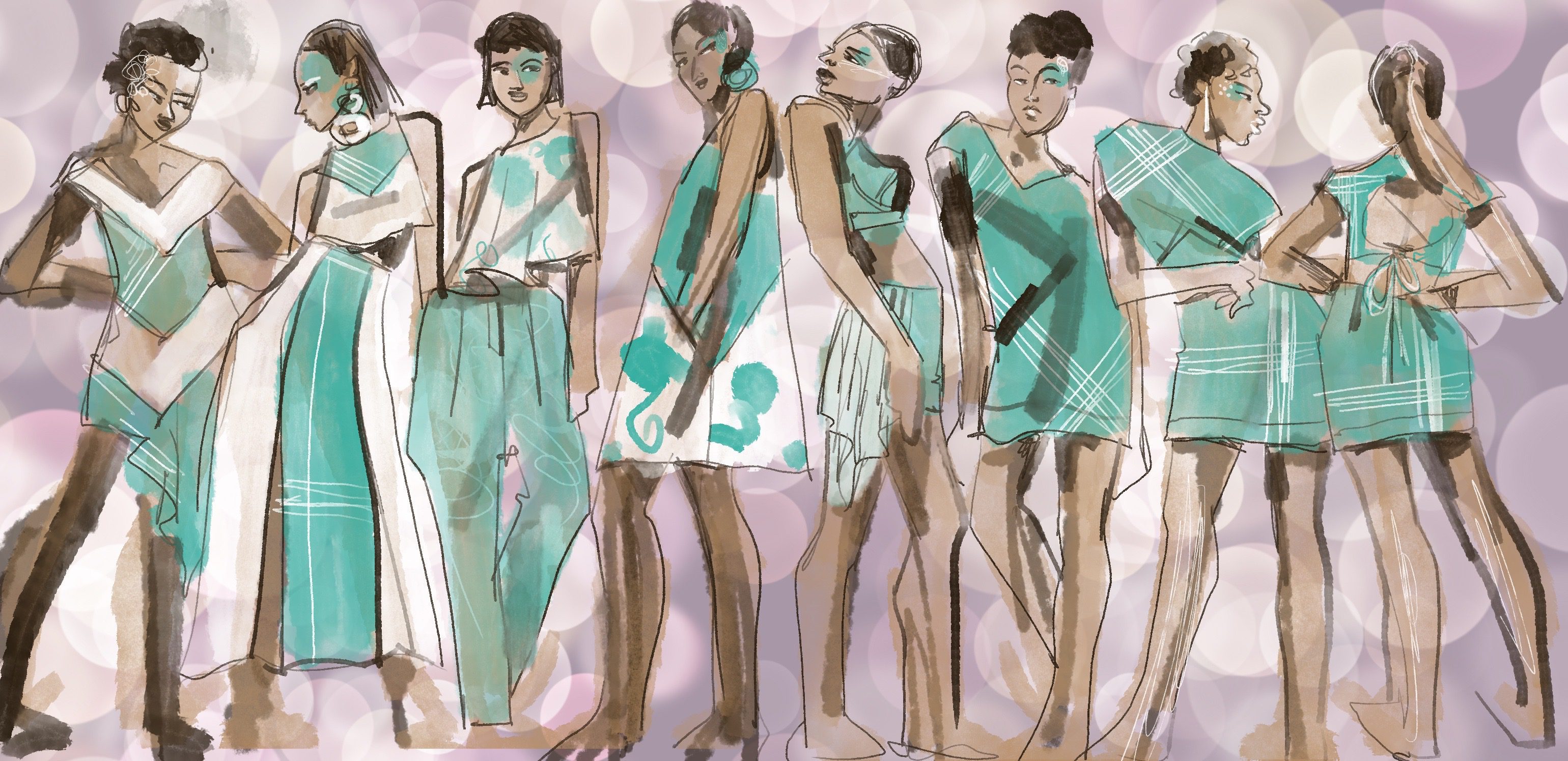 Fashion designer collection of original fashion illustrations using gouache and pencil sketched on the ipad.