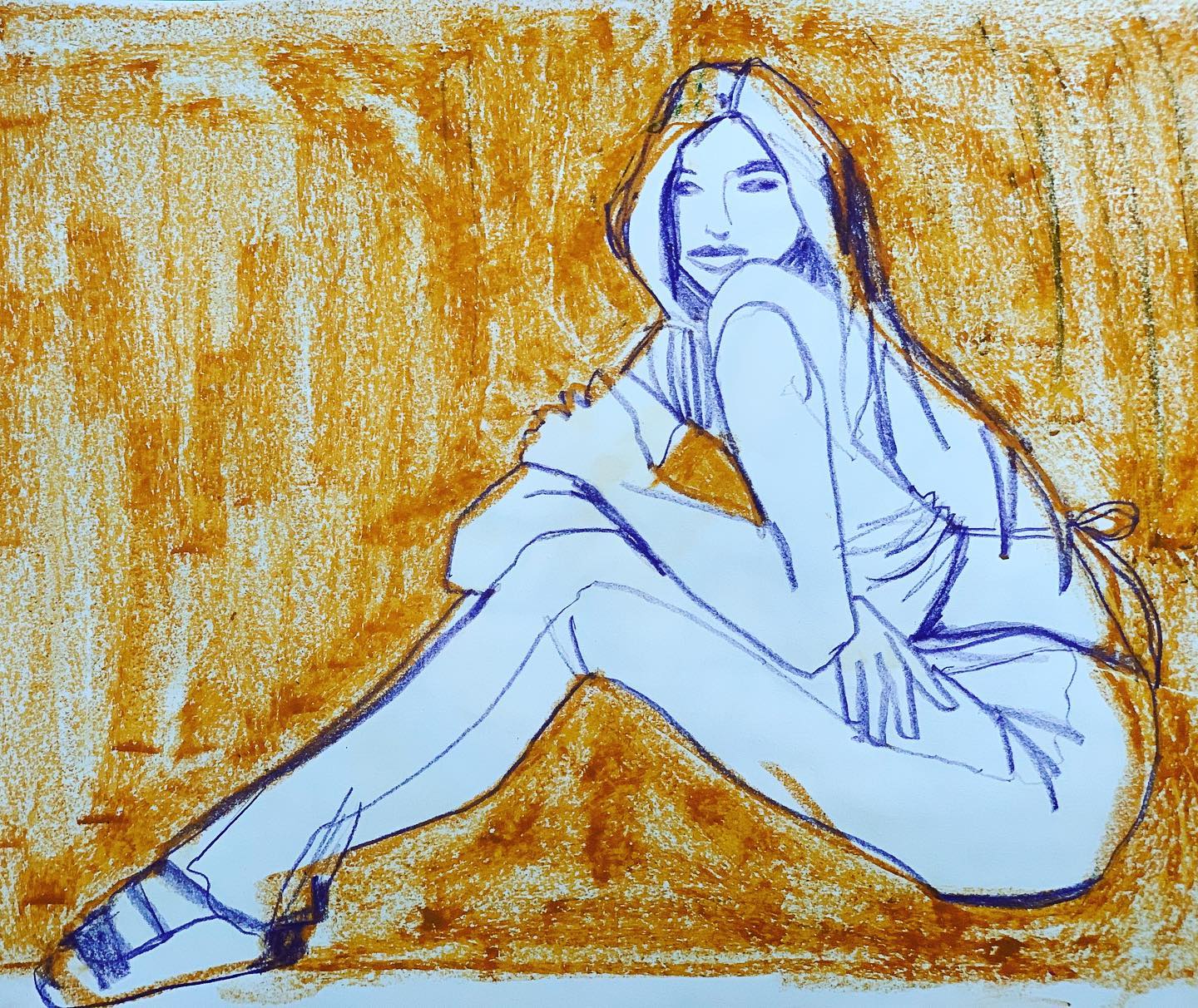 Seated pose, colored pencil and oil pastels, profile seated pose, faces, fingers, composition, contrasts, textures