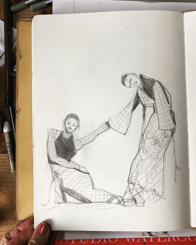 pairs sketching in sketchbook. Plaid, lace, tension, sketch, model drawing, pencil drawing.