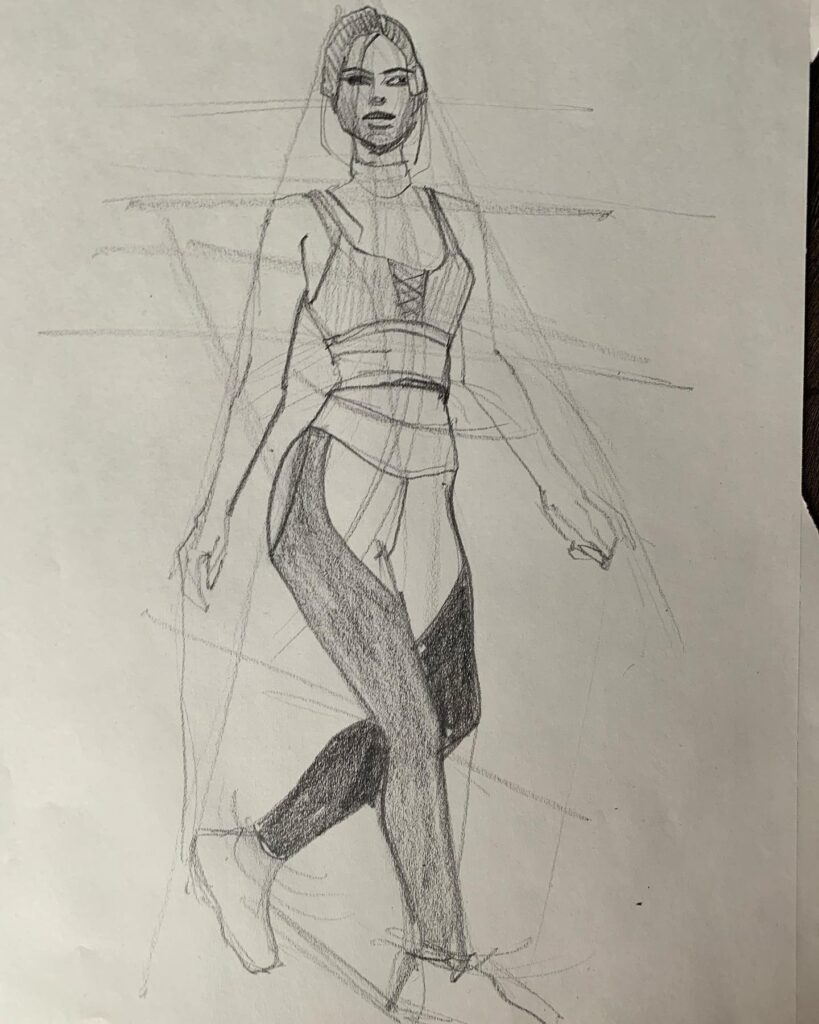 walking pose, angles study, graphite, details, laces, seams, style lines, color blocking, face, stretch fabric, leotard, model drawing