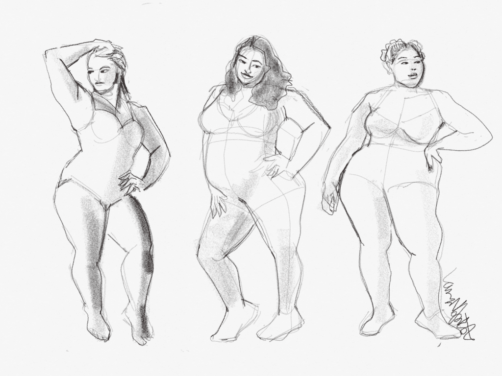 plus size fashion design croquis , fashion figures, model drawing, digital apps, figure drawing, all sizes, tayasui sketches pro app