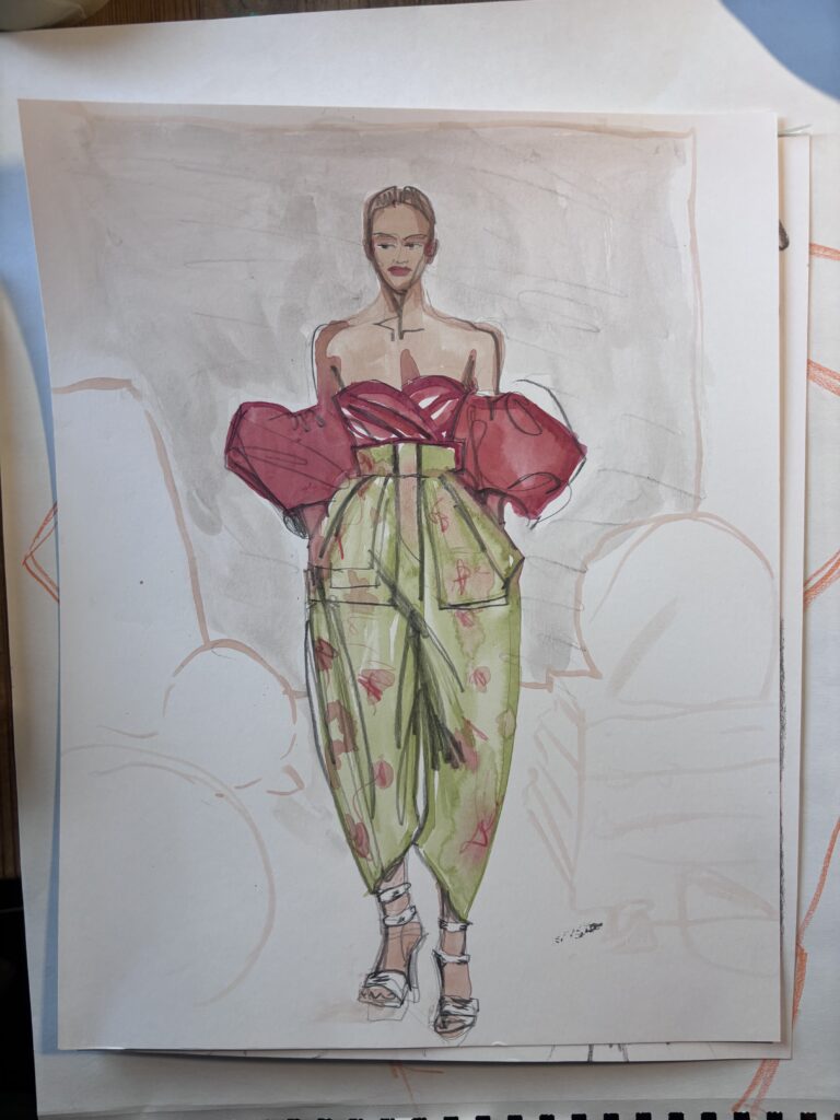 Gouache fashion illustration study, balloon sleeves, classic tailored trousers Laura Volpintesta