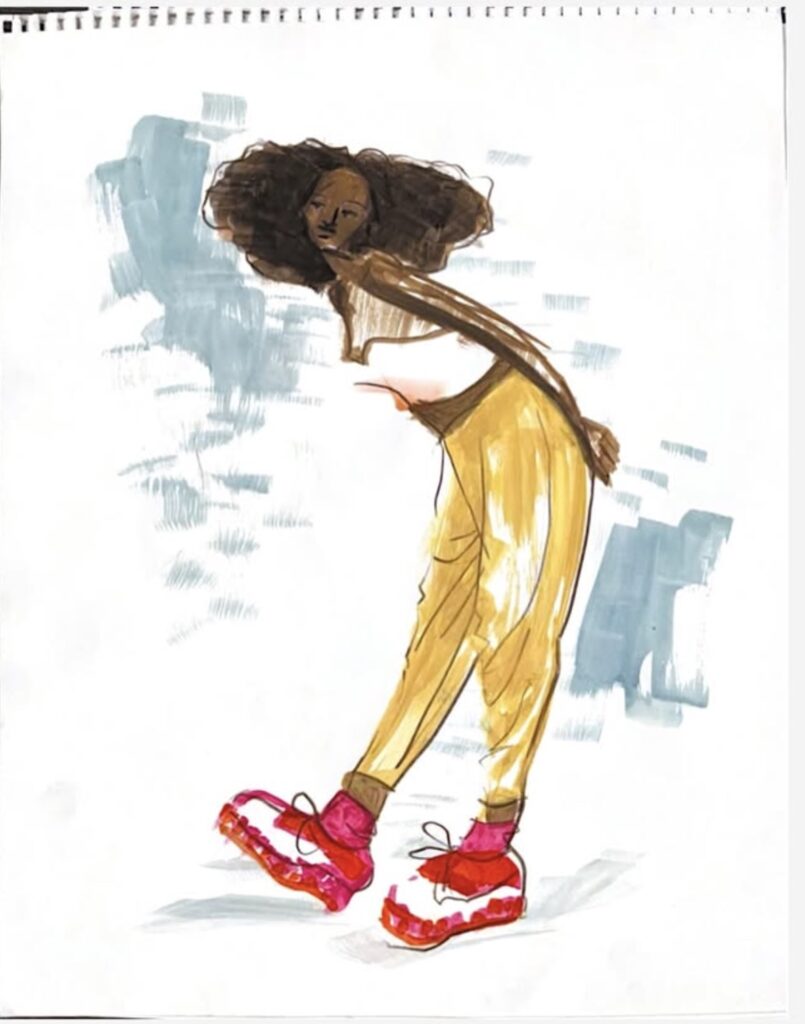 composition, layout, gouache, movement, shape, color block, background, afro, bustier, platform shoes, balance, dry brush