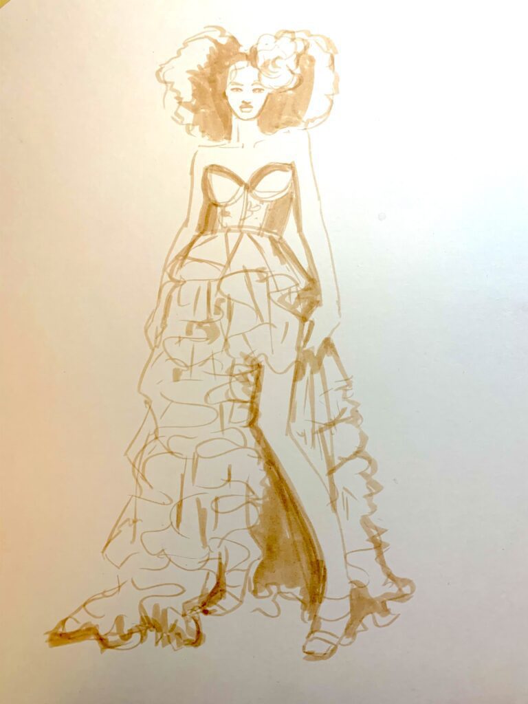 asymmetrical eveningwear asymmetry dress brush tip tombow, ruffles, layers, bustier, corset, curls, line quality, contours, shadow shapes, edges, patterns, curve