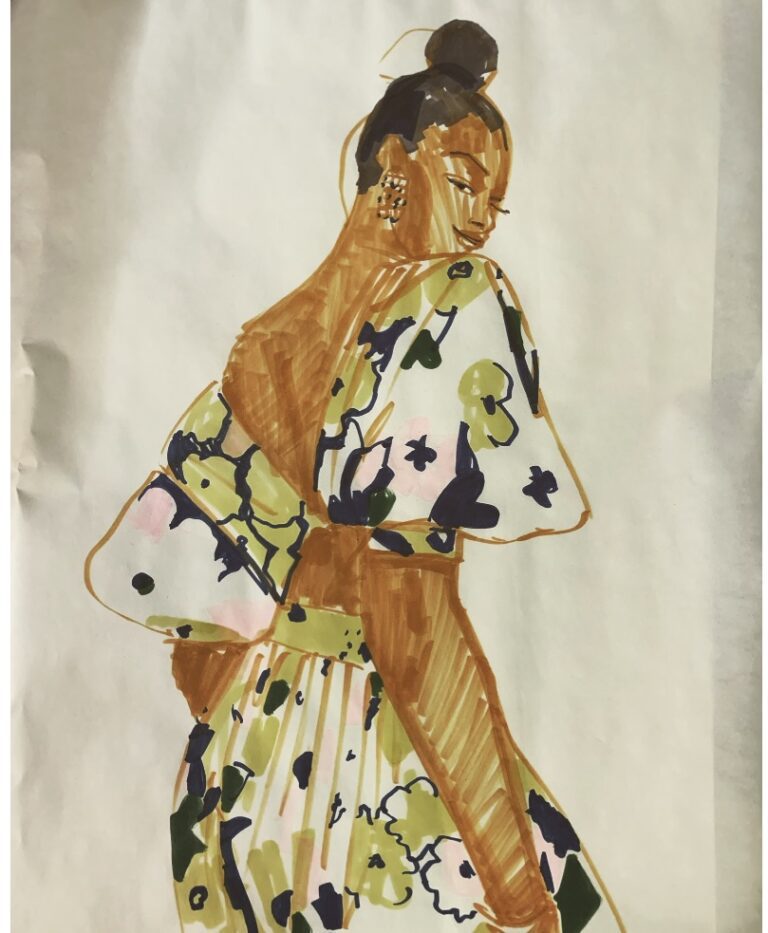solid, brushstroke, chisel tip, space, depth, layers, composition, pleats, sleevesfloral. eveningwear, back view, marker sketch fashion illustration by laura volpintesta