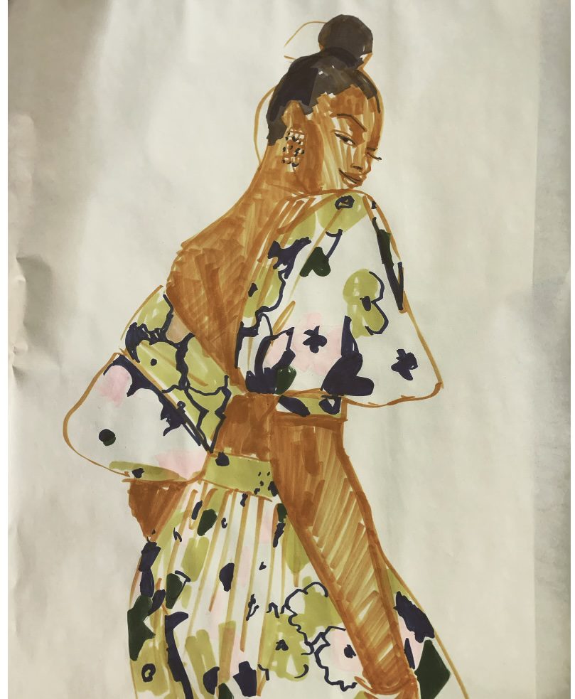 Marker Fashion Illustration of floral dress, back view, by laura Volpintesta