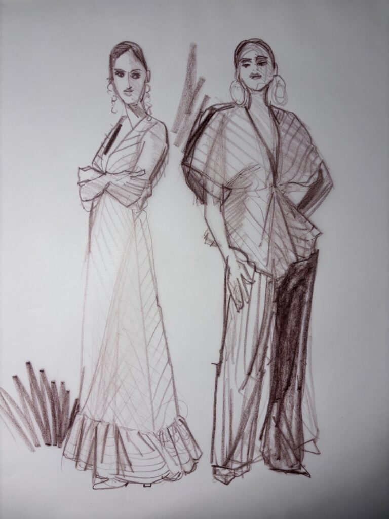 bias, stripes, pairs, crayon, ruffle, illustration, mood, strokes, tetxure, earrings, shadow, shading