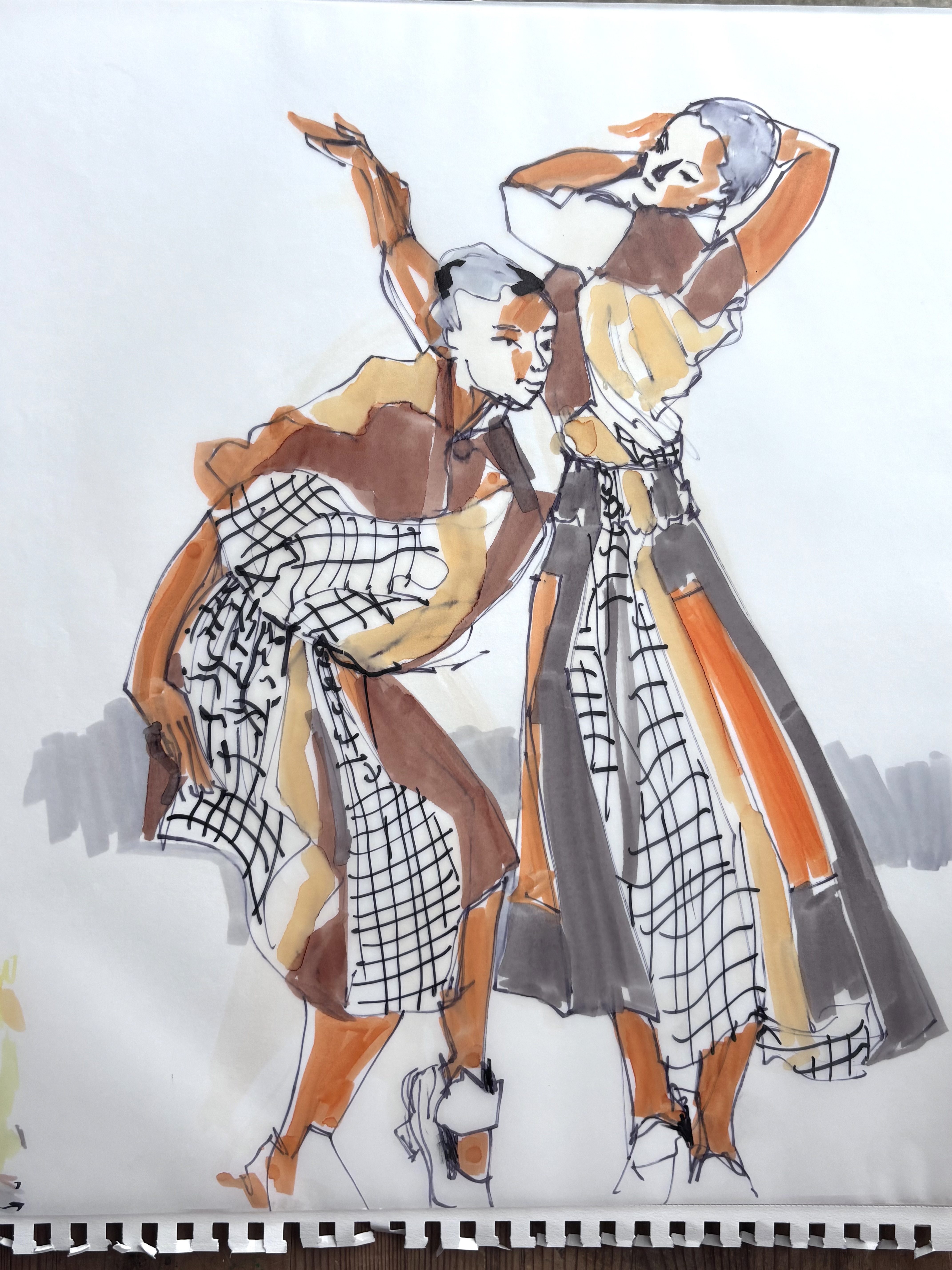 color blocking, fabric blocking, felt tip pen, sharpie, pairs, markers, vellum trace, movement, dancers