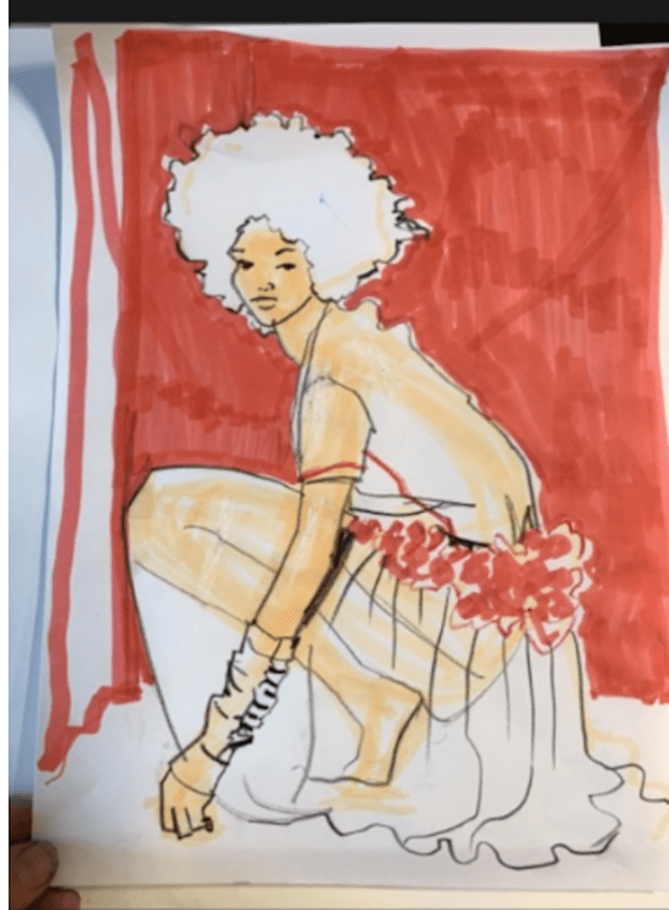 marker, pencil, contour lines and composition fashion sketch by Laura Volpintesta from live zoom session