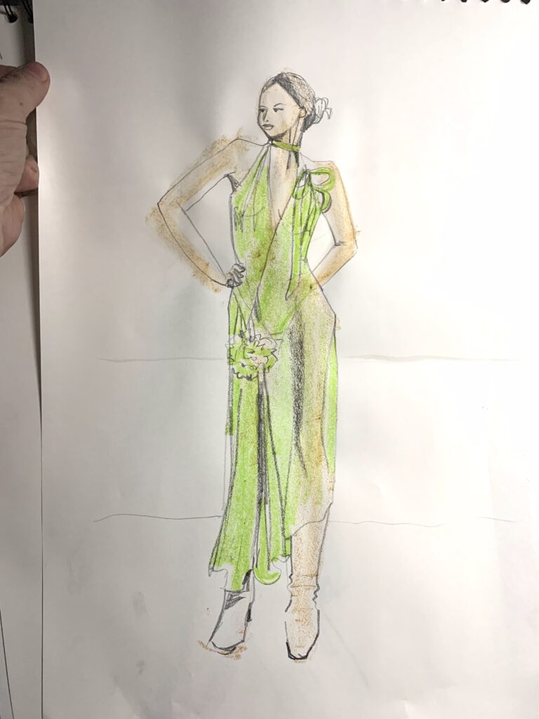 eveningwear chiffon sheer floral FFF, hemline, flares, , sketch group, pencil