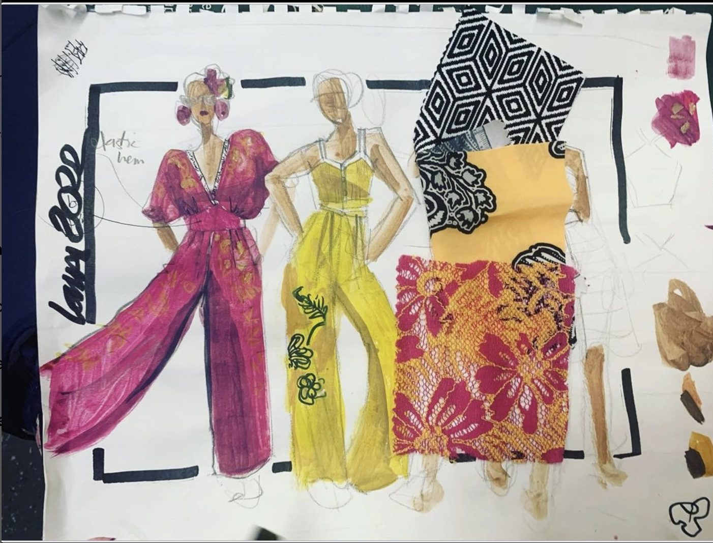 Fabric swatches, prints and patterns, lace and jacquards, croquis, gouache, composition, layout, sketchbook, layout, presentation, process