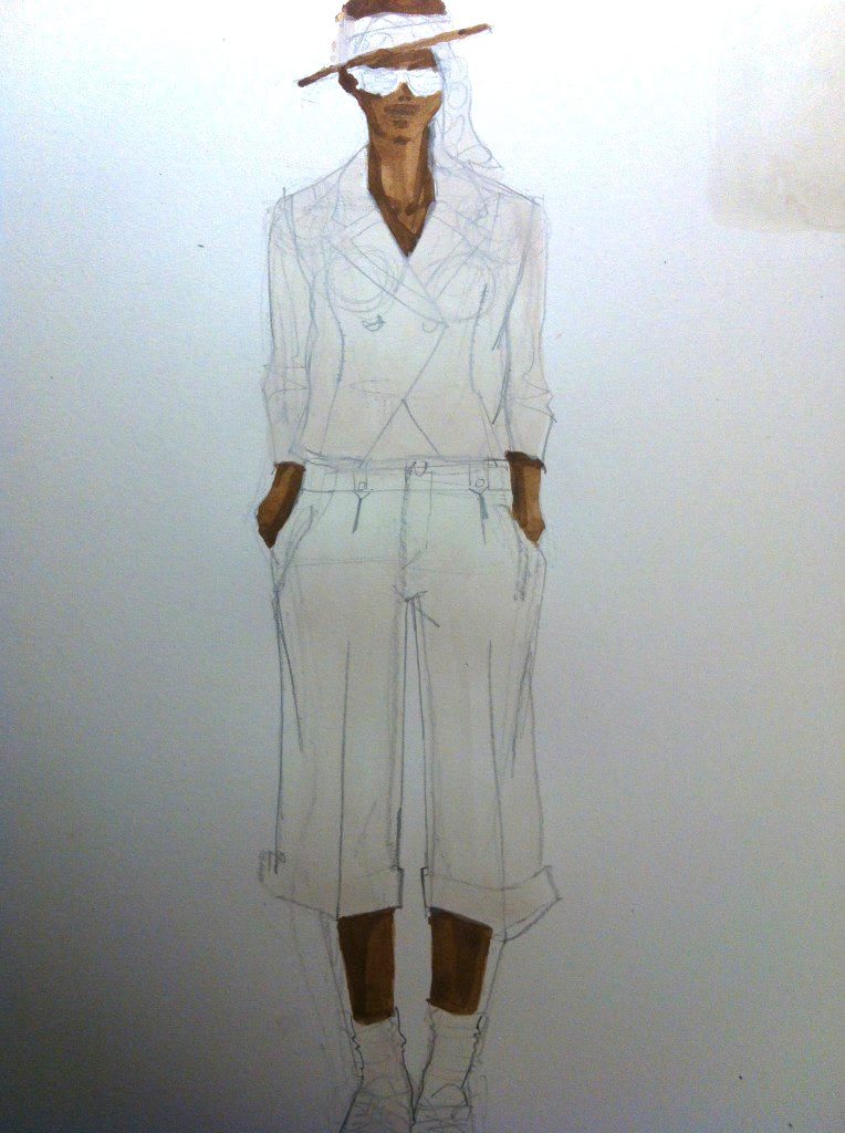 fashion illustration process of a suit by Alexandre Herchcovitch, sketched by Laura volpintesta in gouache and pencil