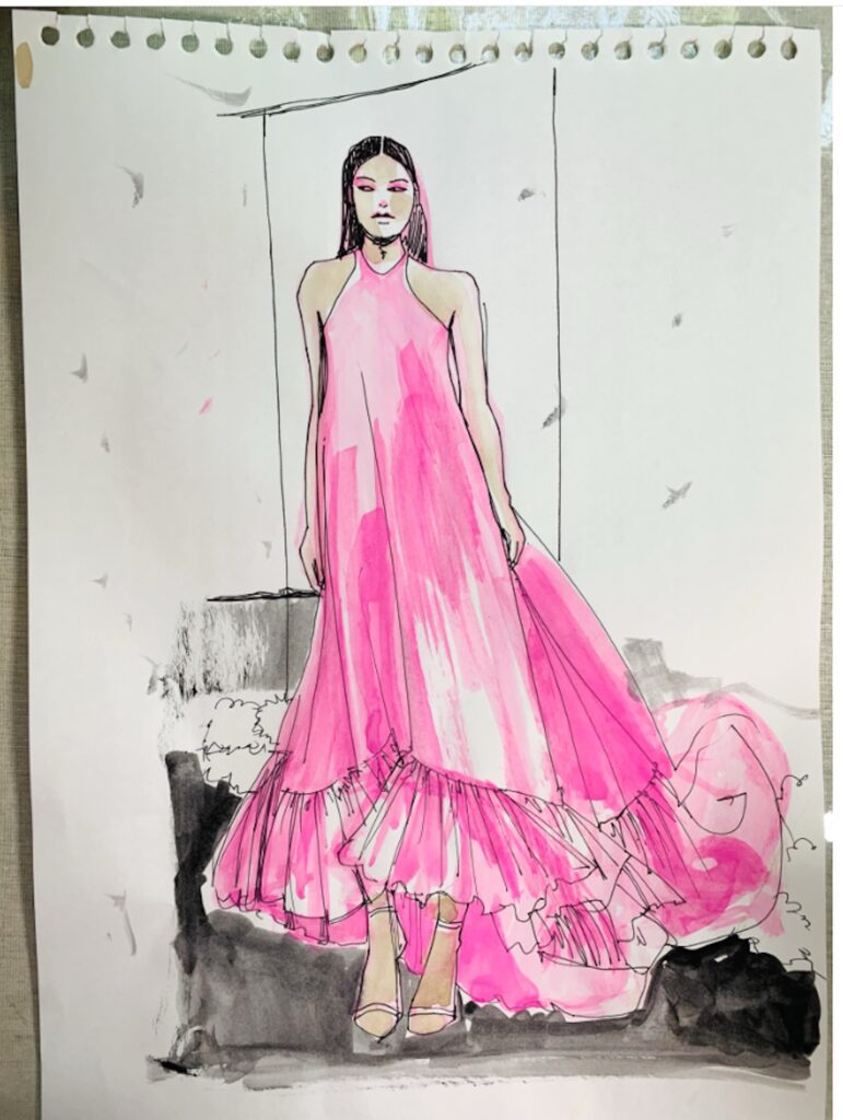 taffetta evening gown, gouache on paper, shine, ruffle, setting, background, composition, construction, halter top, depth of space,shadow, fineline pen